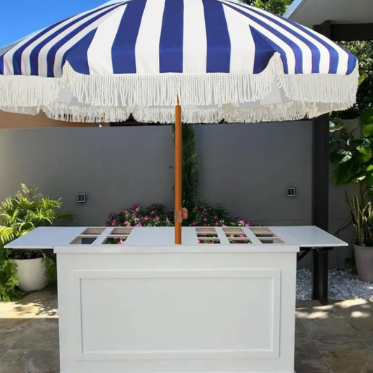 7ft Blue and White Striped Umbrella with White Frills