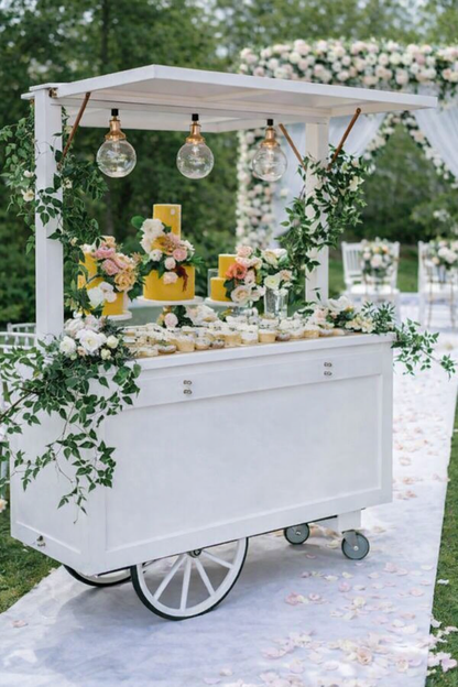 Wedding cake and dessert display cart with laminated top for elegant presentation
