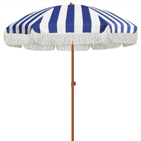 7ft Blue and White Striped Umbrella with White Frills