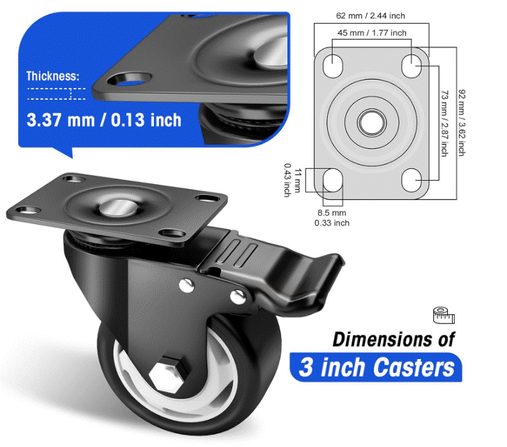 Caster Wheels - 3 inch Casters Set of 4