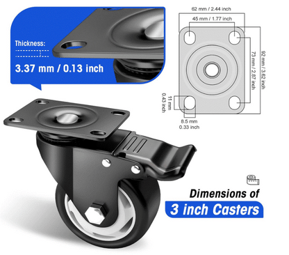 Caster Wheels - 3 inch Casters Set of 4