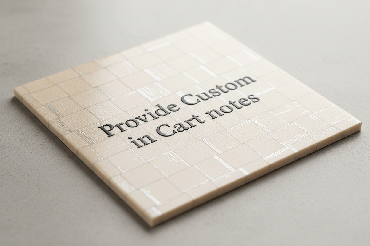desiner formica tile with the words "Provide Custom in Cart notes"